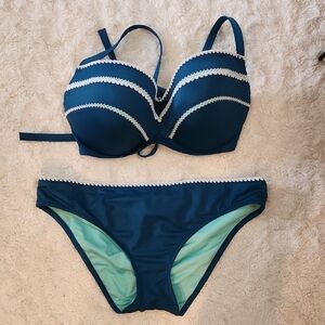 Shade & Shore Turquoise and White Bikini Set with Racerback Halter 36DD